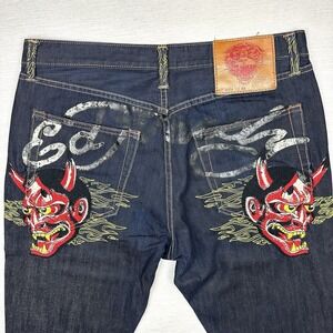 Vtg Ed Hardy Dark Wash Jeans Embroidered Oni Demon Devil Men 36x33 Straight